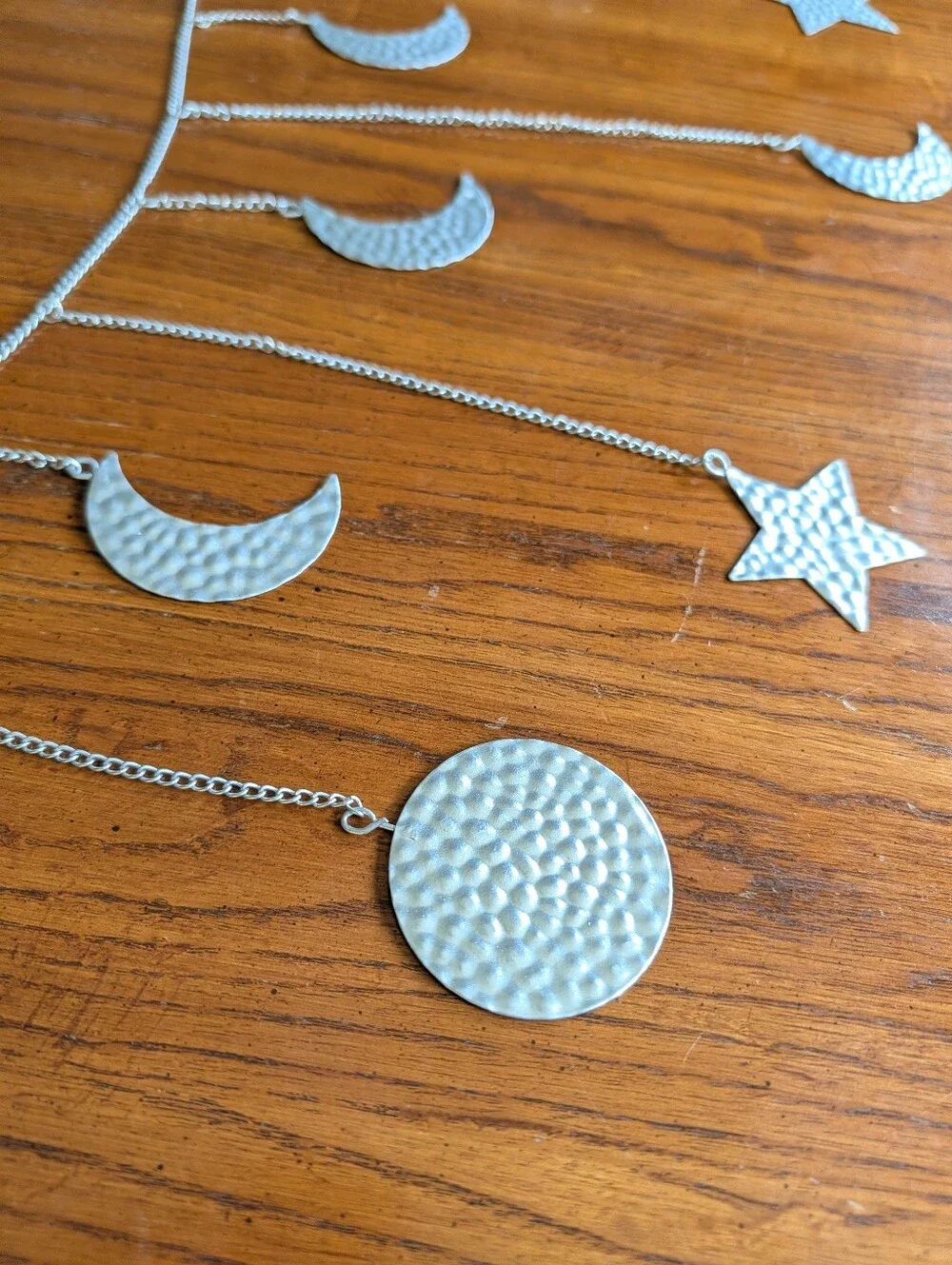 Celestial Silver Hammered Metal Moon & Star Phase Garland - Boho Wall Hanging